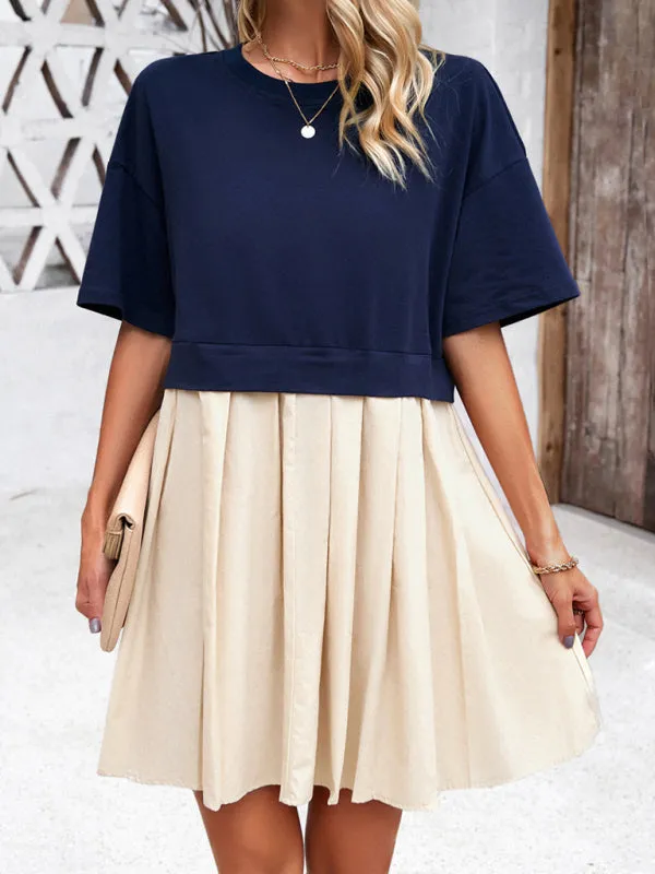 Short-Sleeved Patchwork Dress with Pleated Skirt