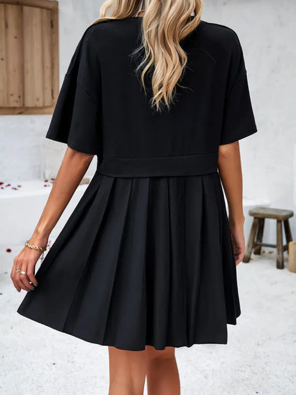 Short-Sleeved Patchwork Dress with Pleated Skirt