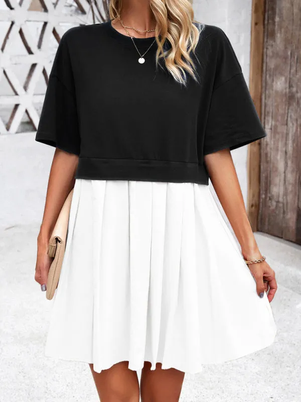 Short-Sleeved Patchwork Dress with Pleated Skirt