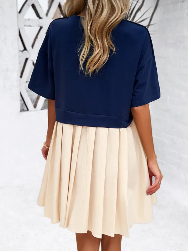 Short-Sleeved Patchwork Dress with Pleated Skirt