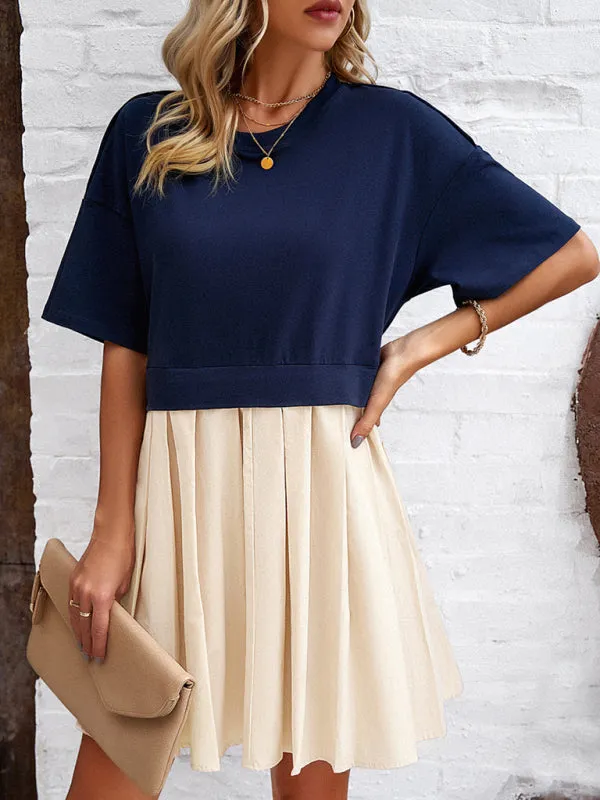 Short-Sleeved Patchwork Dress with Pleated Skirt
