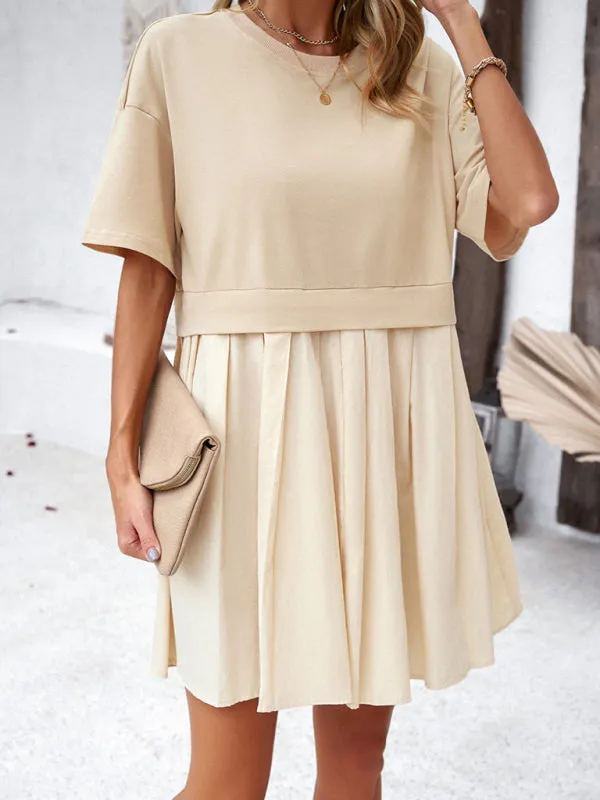 Short-Sleeved Patchwork Dress with Pleated Skirt