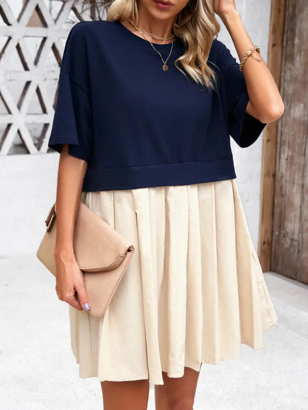 Short-Sleeved Patchwork Dress with Pleated Skirt
