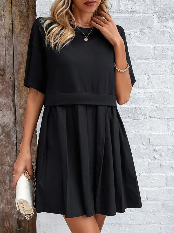 Short-Sleeved Patchwork Dress with Pleated Skirt