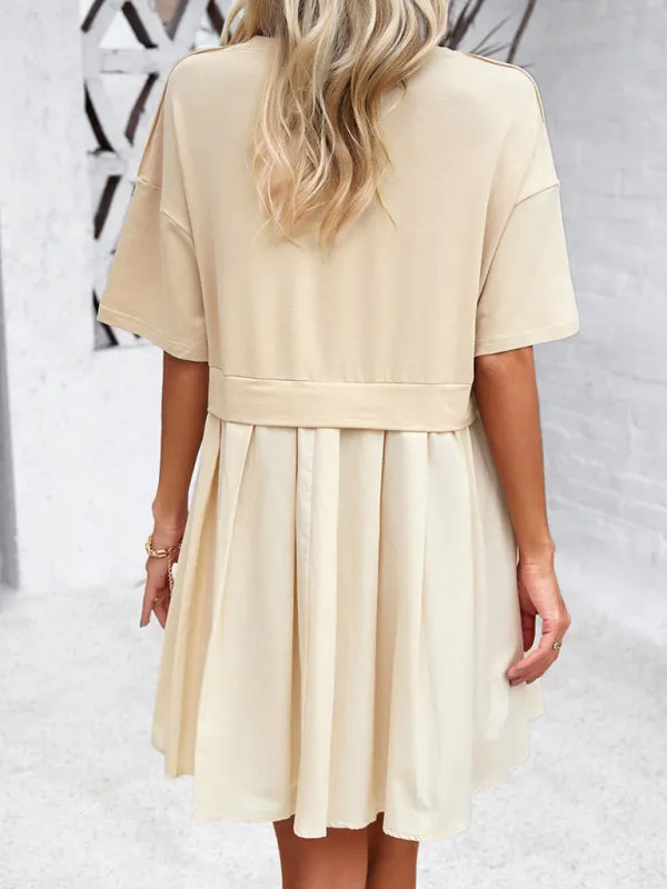 Short-Sleeved Patchwork Dress with Pleated Skirt