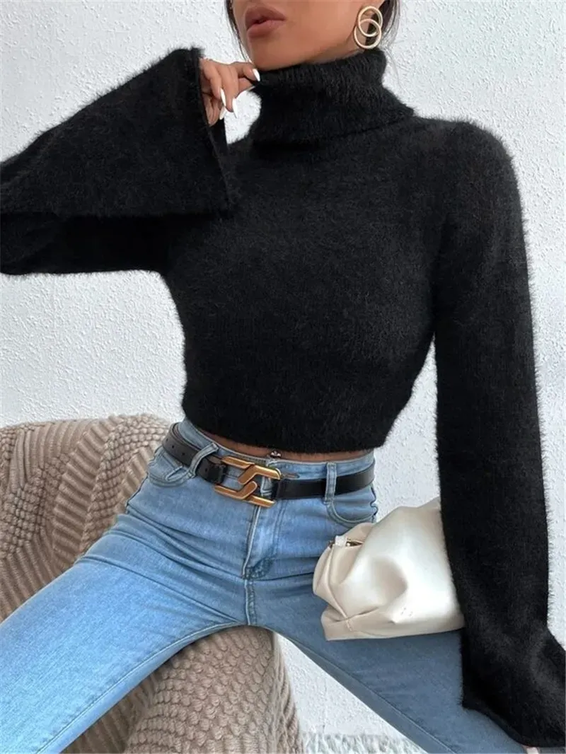 Show Off Fluffy Turtleneck Bell Sleeve Cropped Sweater