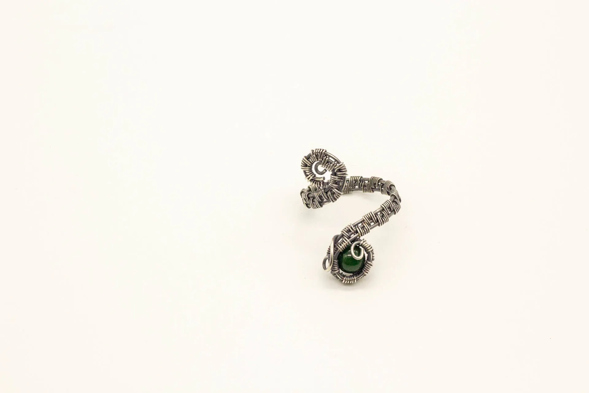 Silver Adjustable Ring with Dark Green Fused Glass Accent