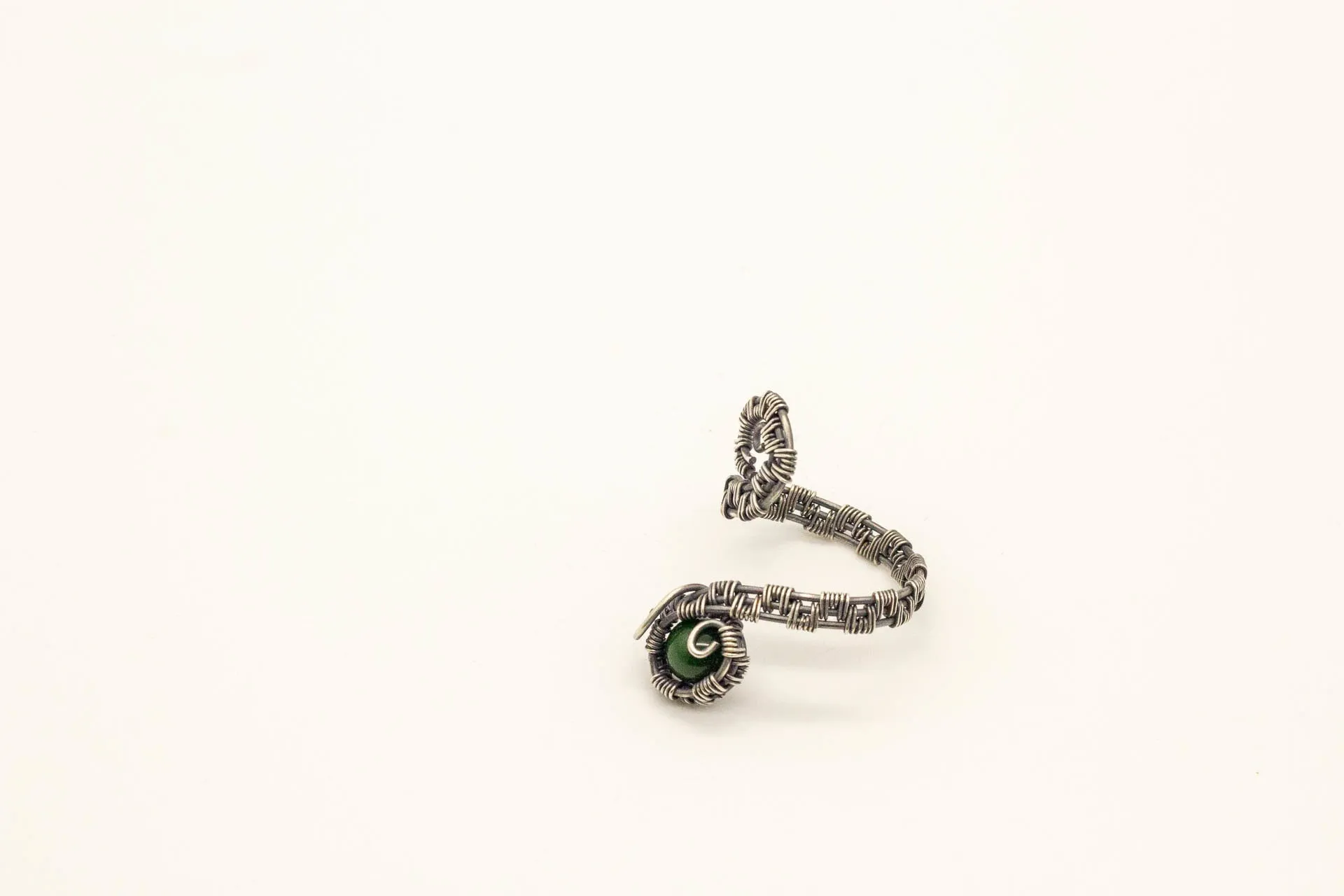 Silver Adjustable Ring with Dark Green Fused Glass Accent