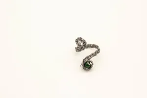 Silver Adjustable Ring with Dark Green Fused Glass Accent