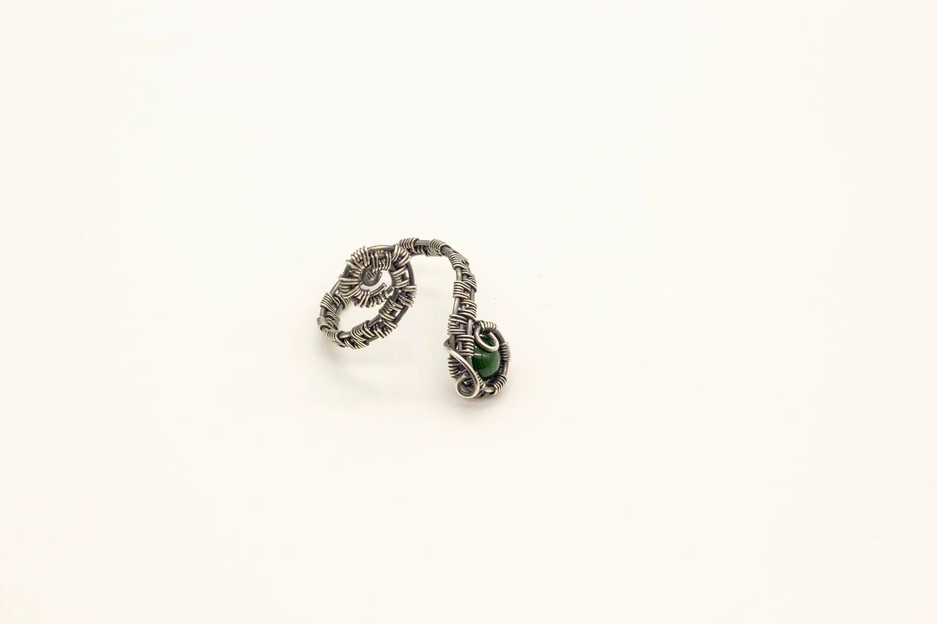Silver Adjustable Ring with Dark Green Fused Glass Accent
