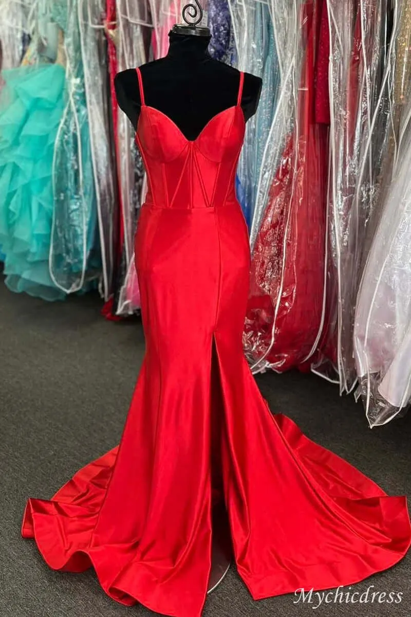 Simple Hot Pink Prom Dresses Satin Mermaid Corset Formal Gown with slit