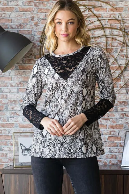 Snakeskin Print Round Neck Lace Contrast Top – Fierce & Feminine