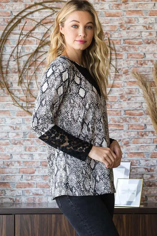 Snakeskin Print Round Neck Lace Contrast Top – Fierce & Feminine