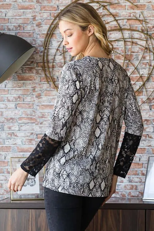 Snakeskin Print Round Neck Lace Contrast Top – Fierce & Feminine