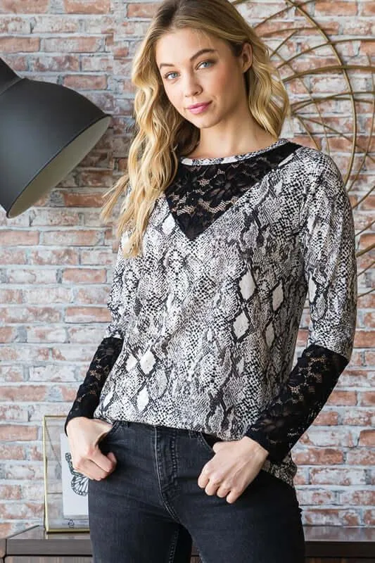 Snakeskin Print Round Neck Lace Contrast Top – Fierce & Feminine