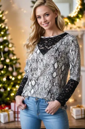 Snakeskin Print Round Neck Lace Contrast Top – Fierce & Feminine