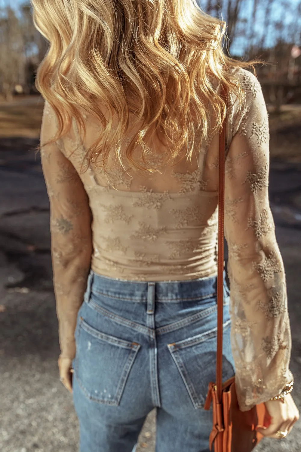 Soft Serenade Lace Blouse – Apricot Mesh Crochet Slim Fit Top