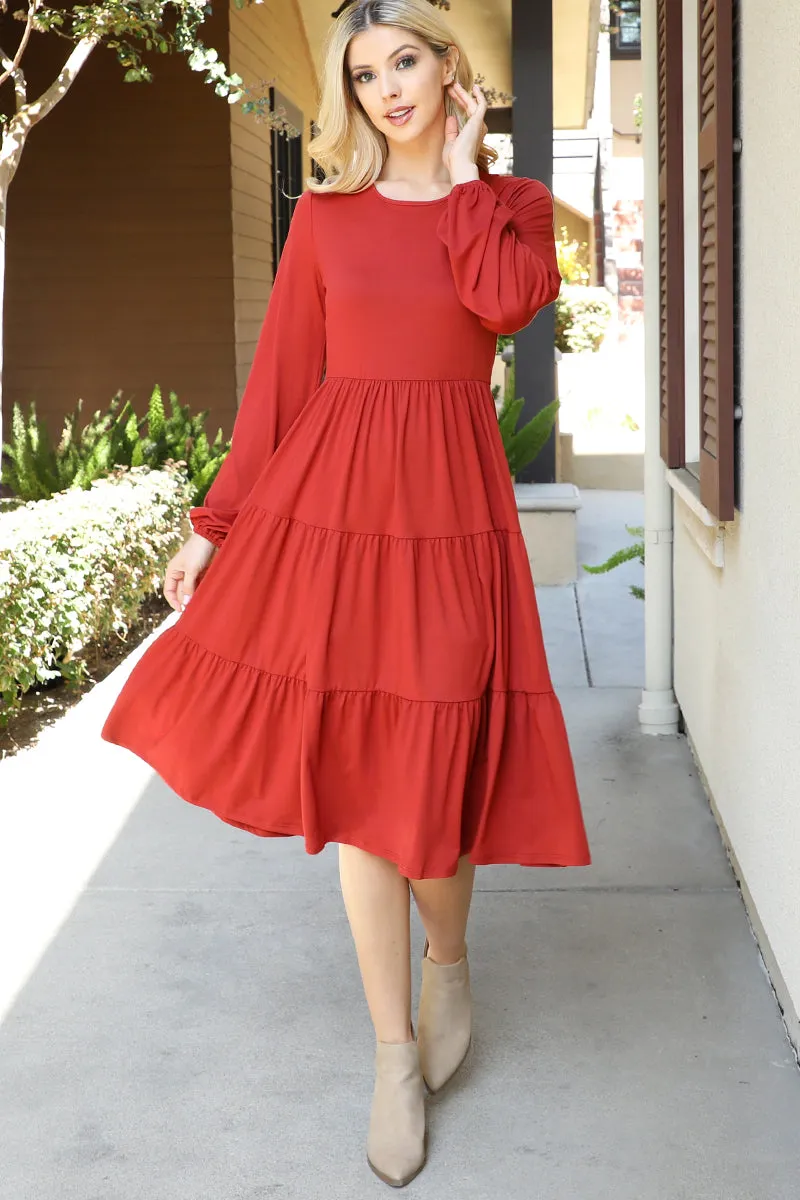 Solid Long Sleeve Elastic Waist Tiered Dress