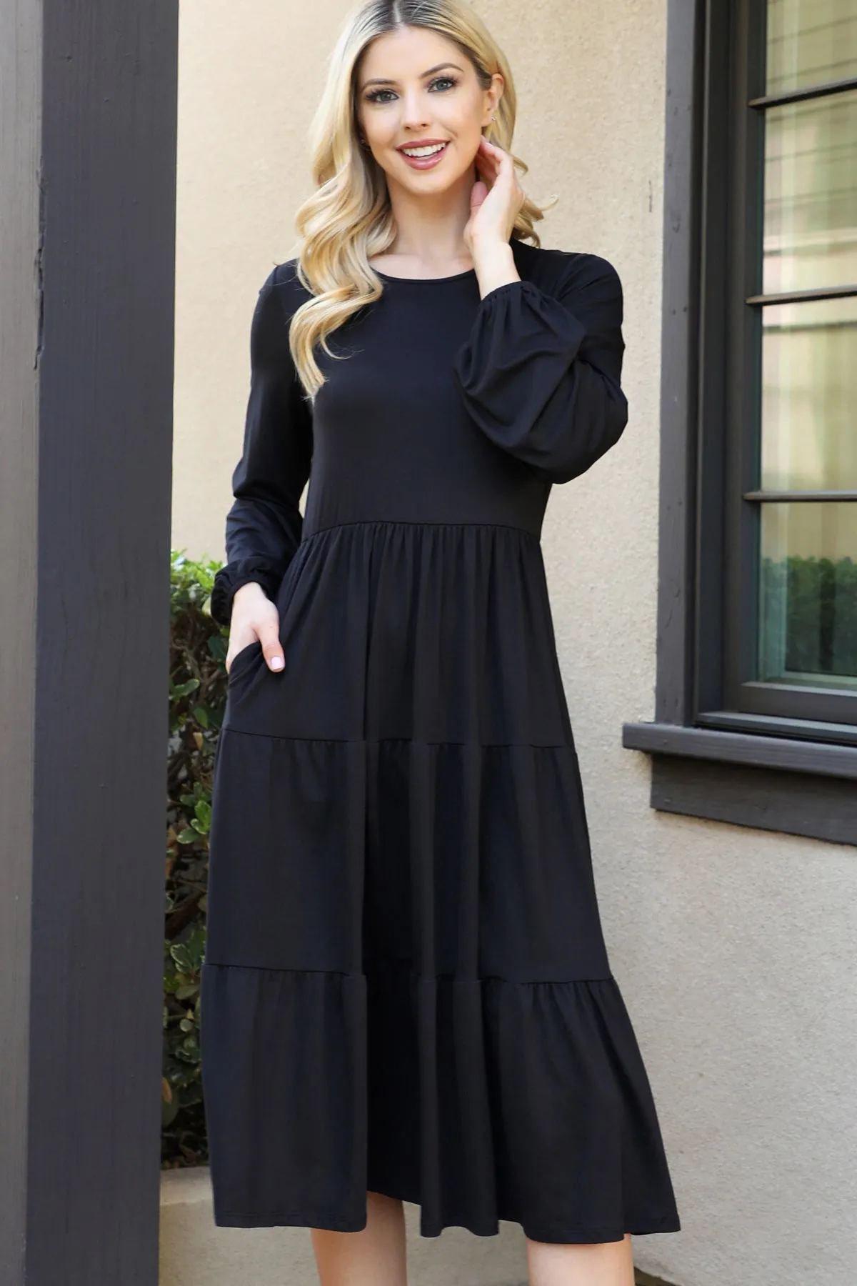 Solid Long Sleeve Elastic Waist Tiered Dress