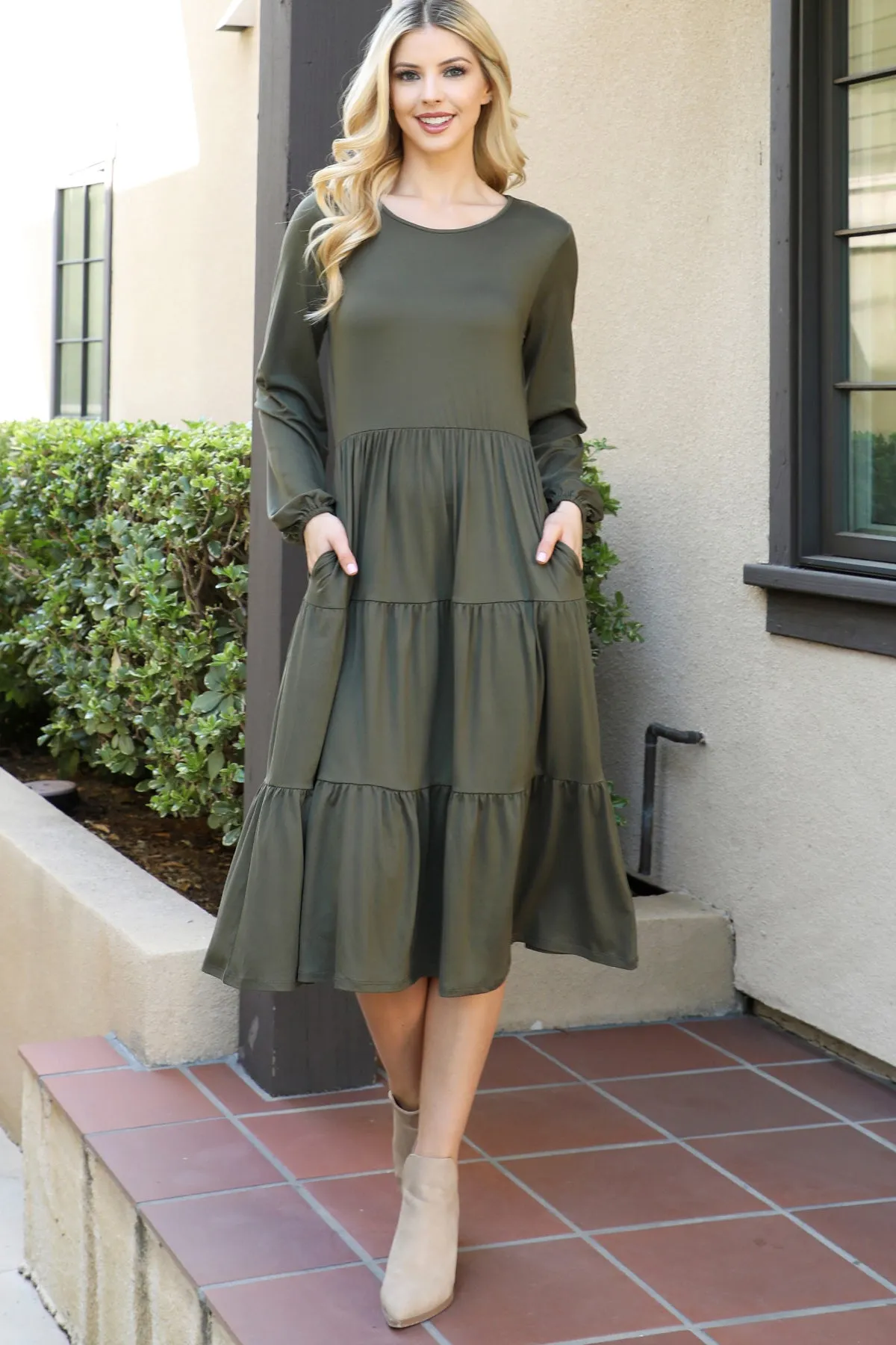 Solid Long Sleeve Elastic Waist Tiered Dress