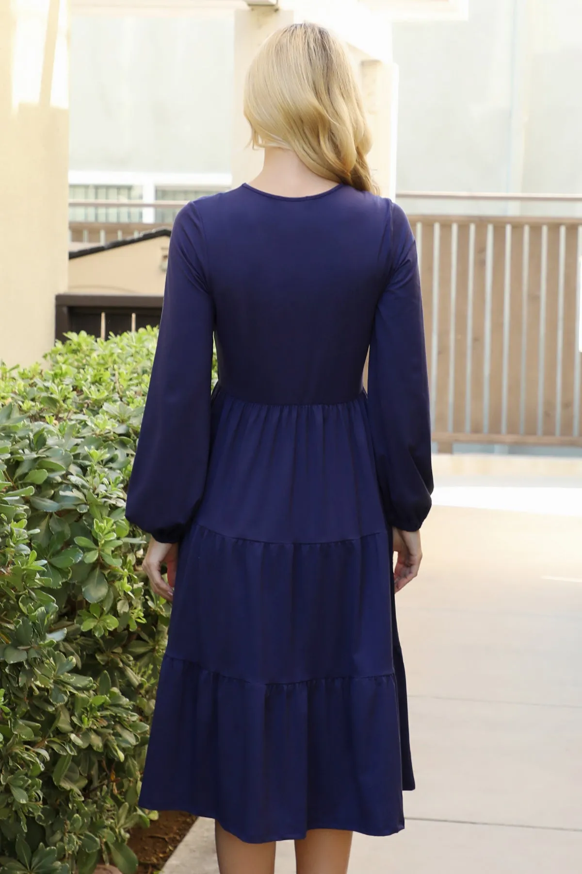 Solid Long Sleeve Elastic Waist Tiered Dress