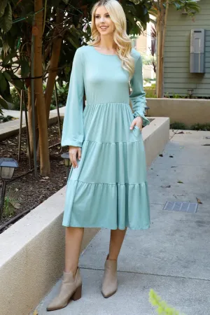Solid Long Sleeve Elastic Waist Tiered Dress