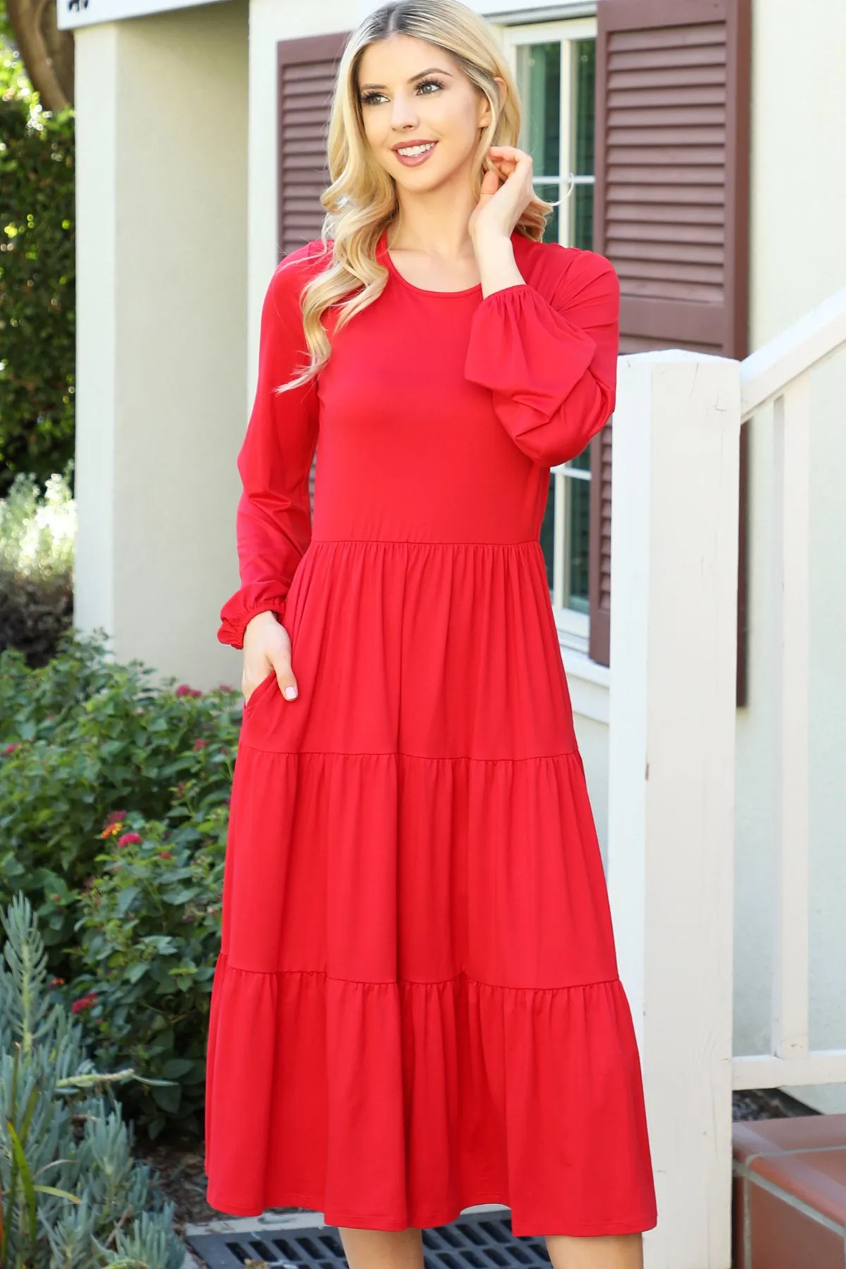 Solid Long Sleeve Elastic Waist Tiered Dress