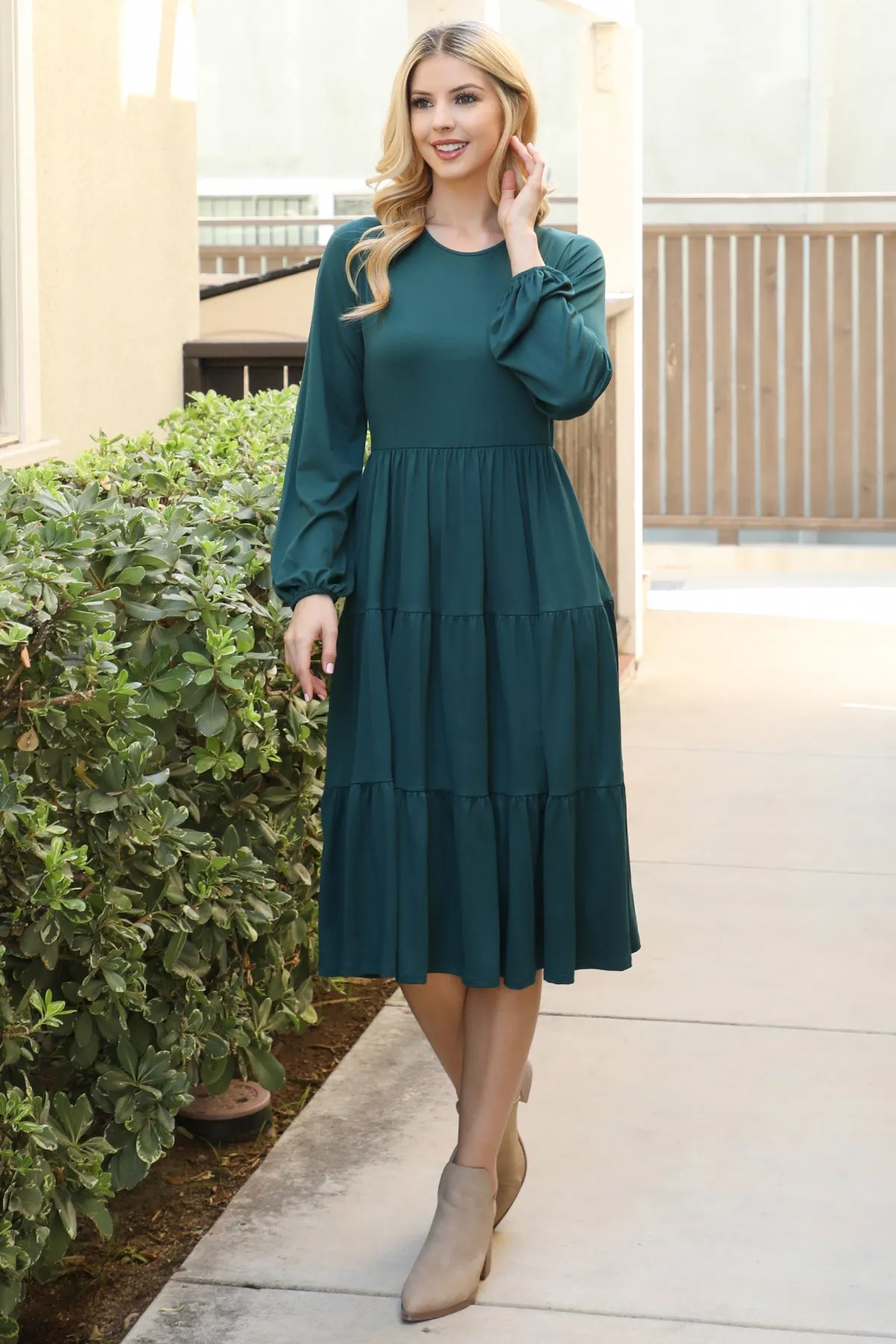 Solid Long Sleeve Elastic Waist Tiered Dress