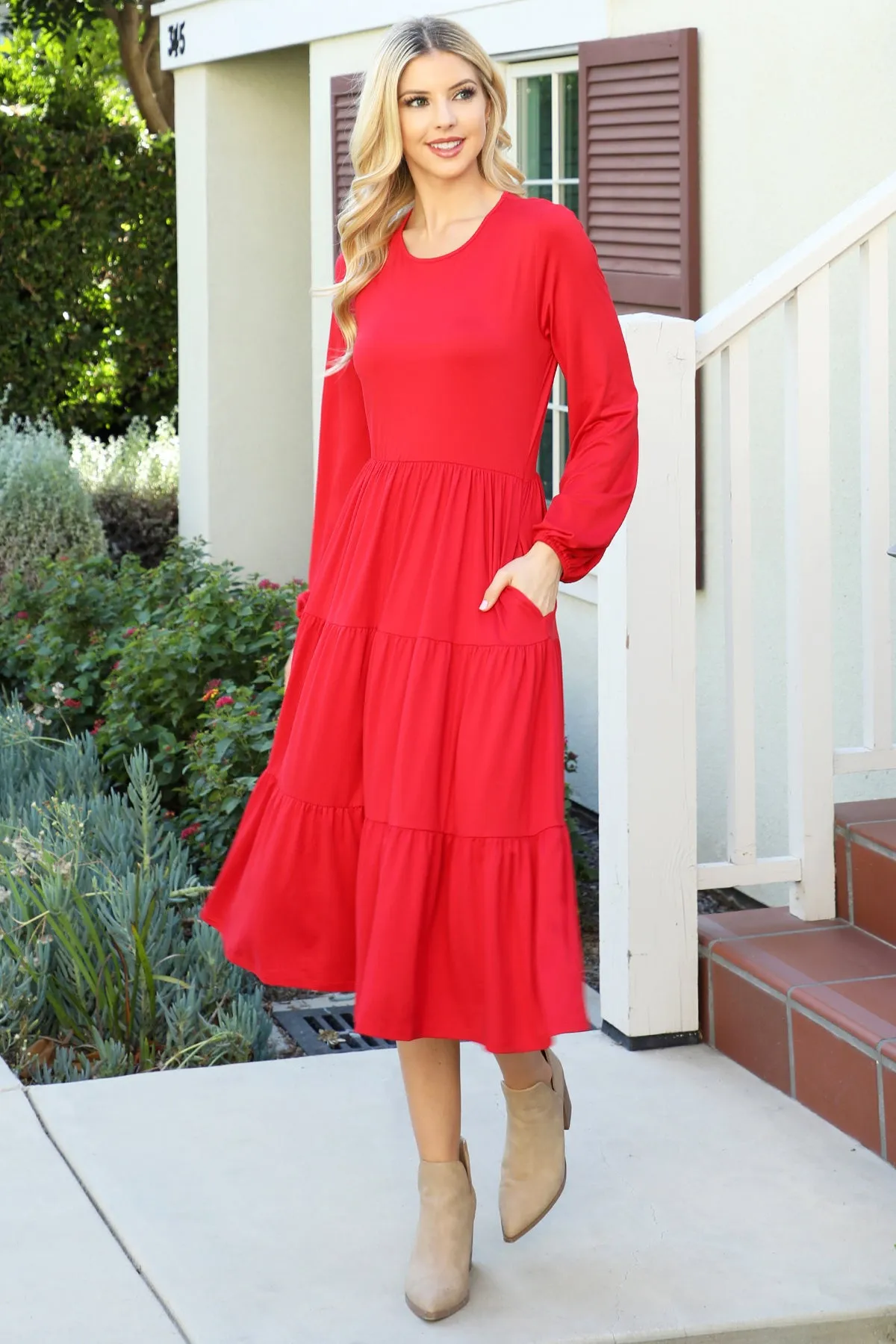 Solid Long Sleeve Elastic Waist Tiered Dress