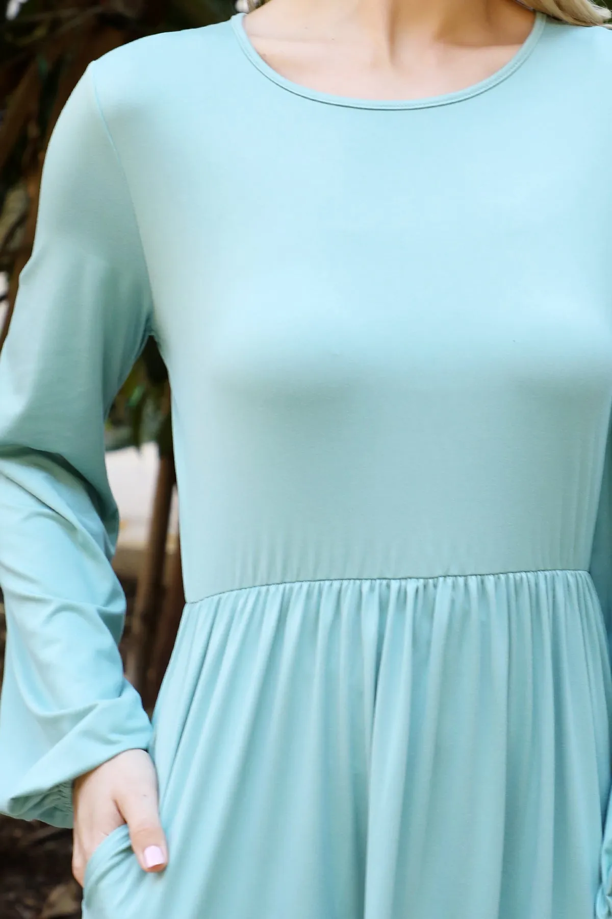 Solid Long Sleeve Elastic Waist Tiered Dress