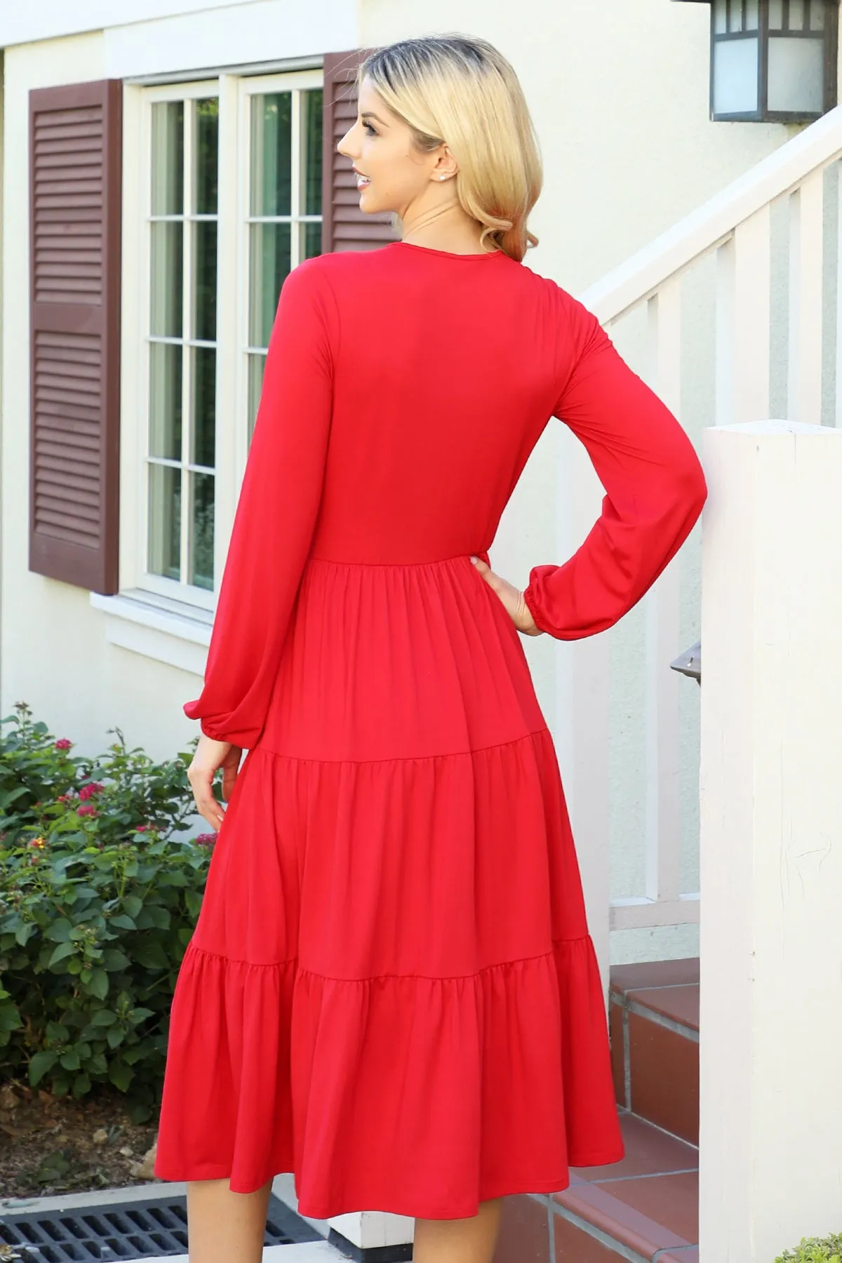 Solid Long Sleeve Elastic Waist Tiered Dress