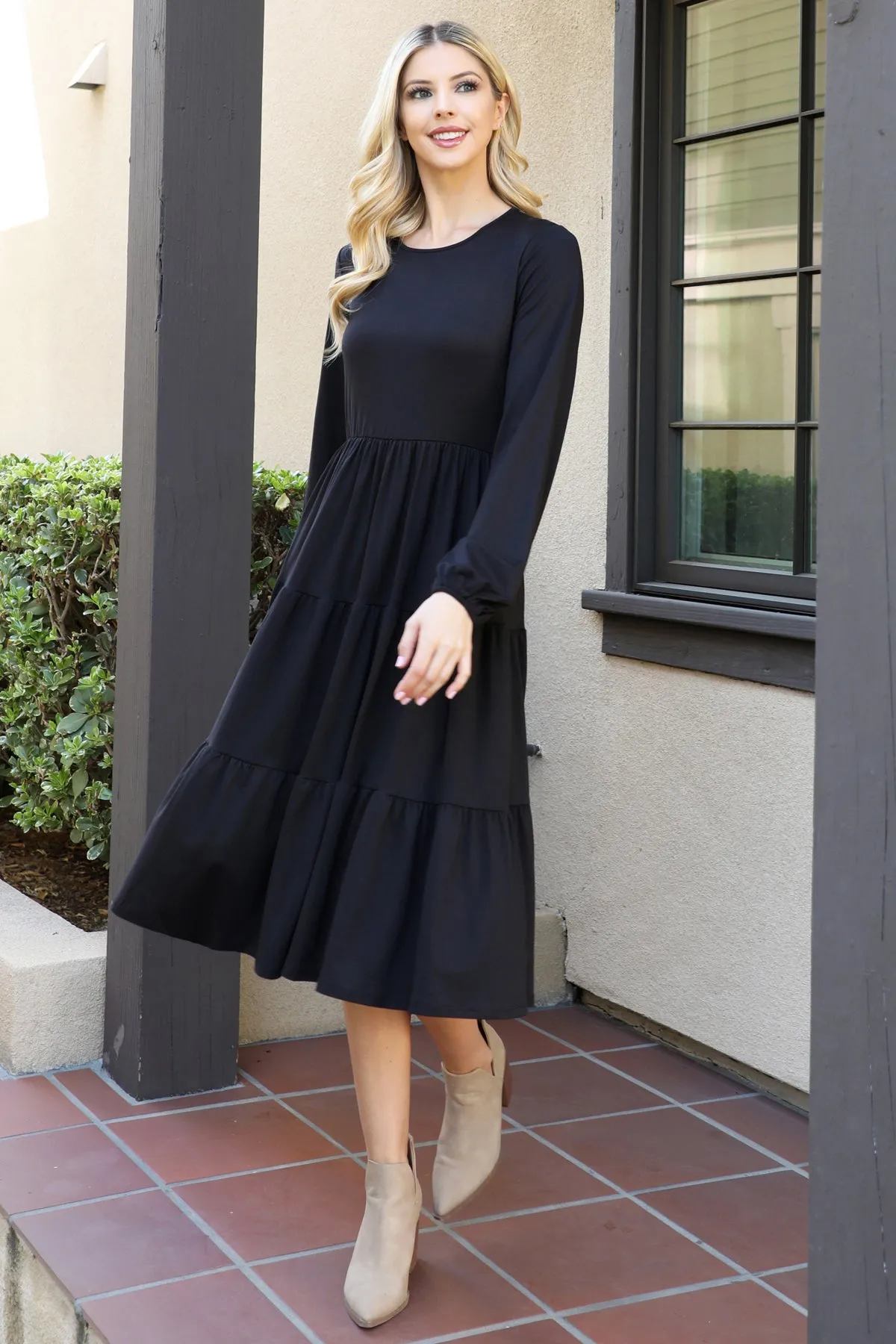 Solid Long Sleeve Elastic Waist Tiered Dress