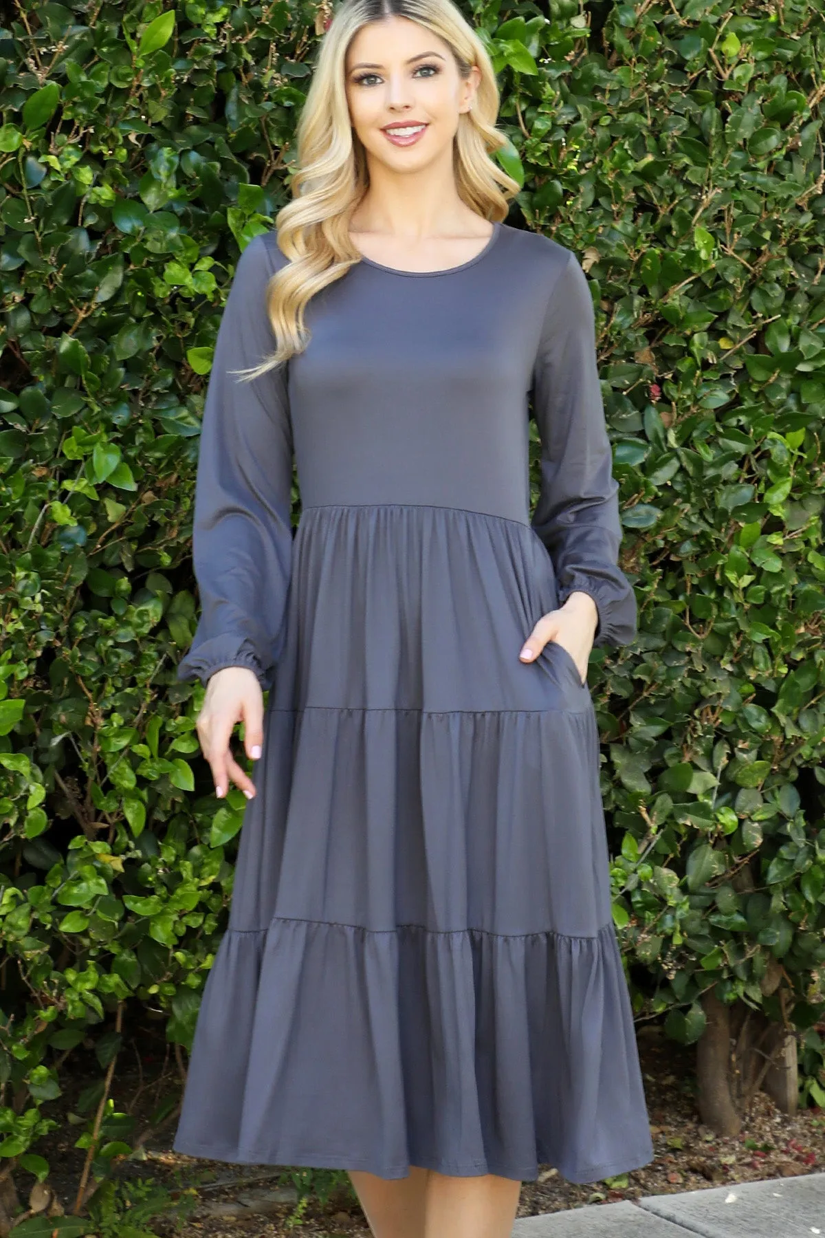 Solid Long Sleeve Elastic Waist Tiered Dress