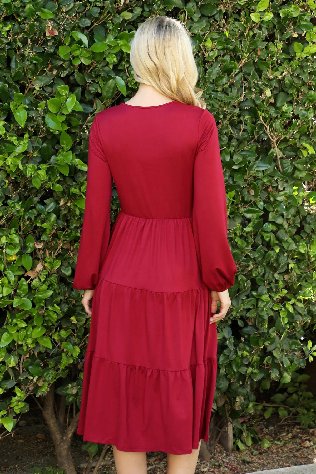 Solid Long Sleeve Elastic Waist Tiered Dress