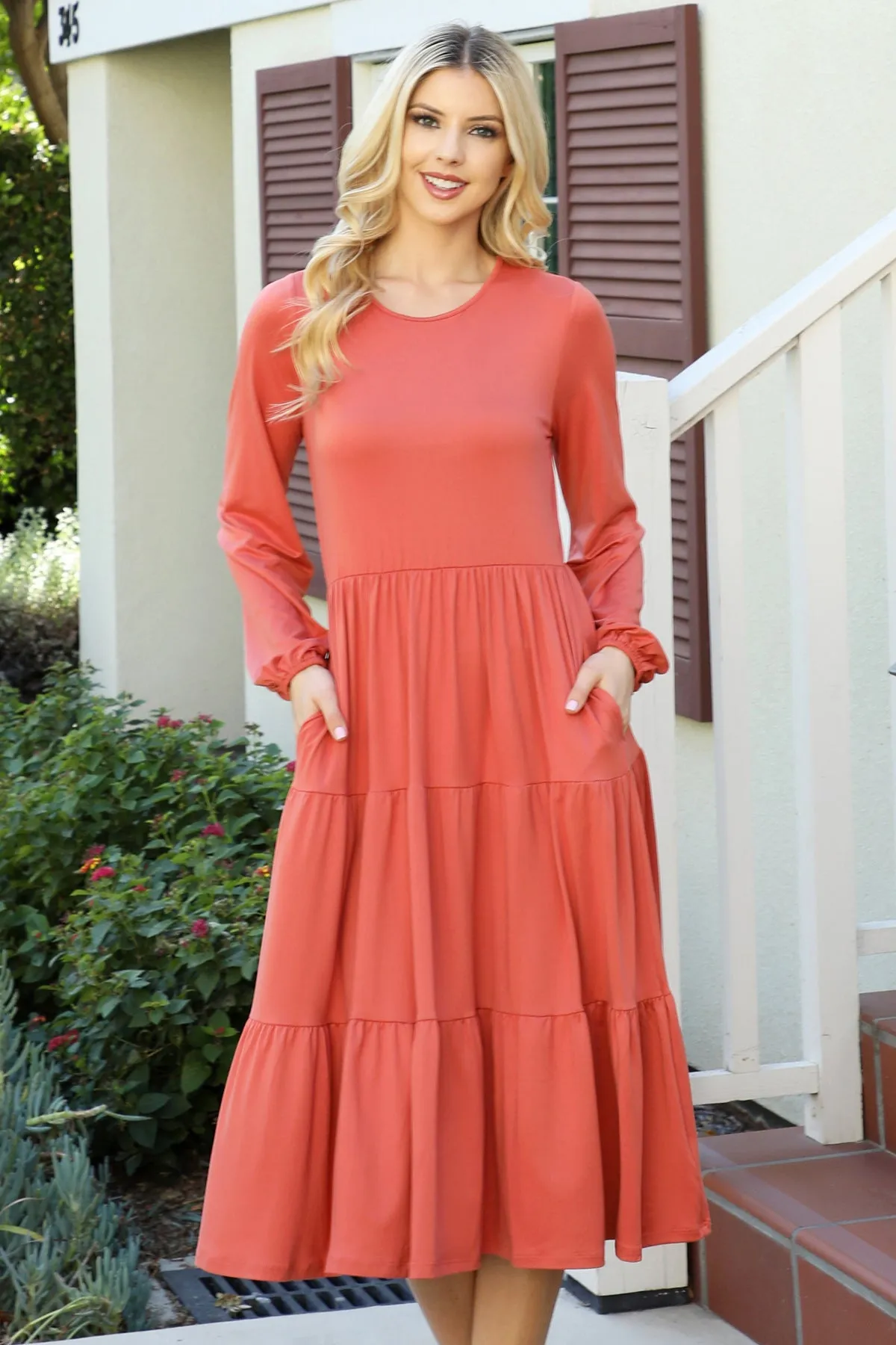 Solid Long Sleeve Elastic Waist Tiered Dress