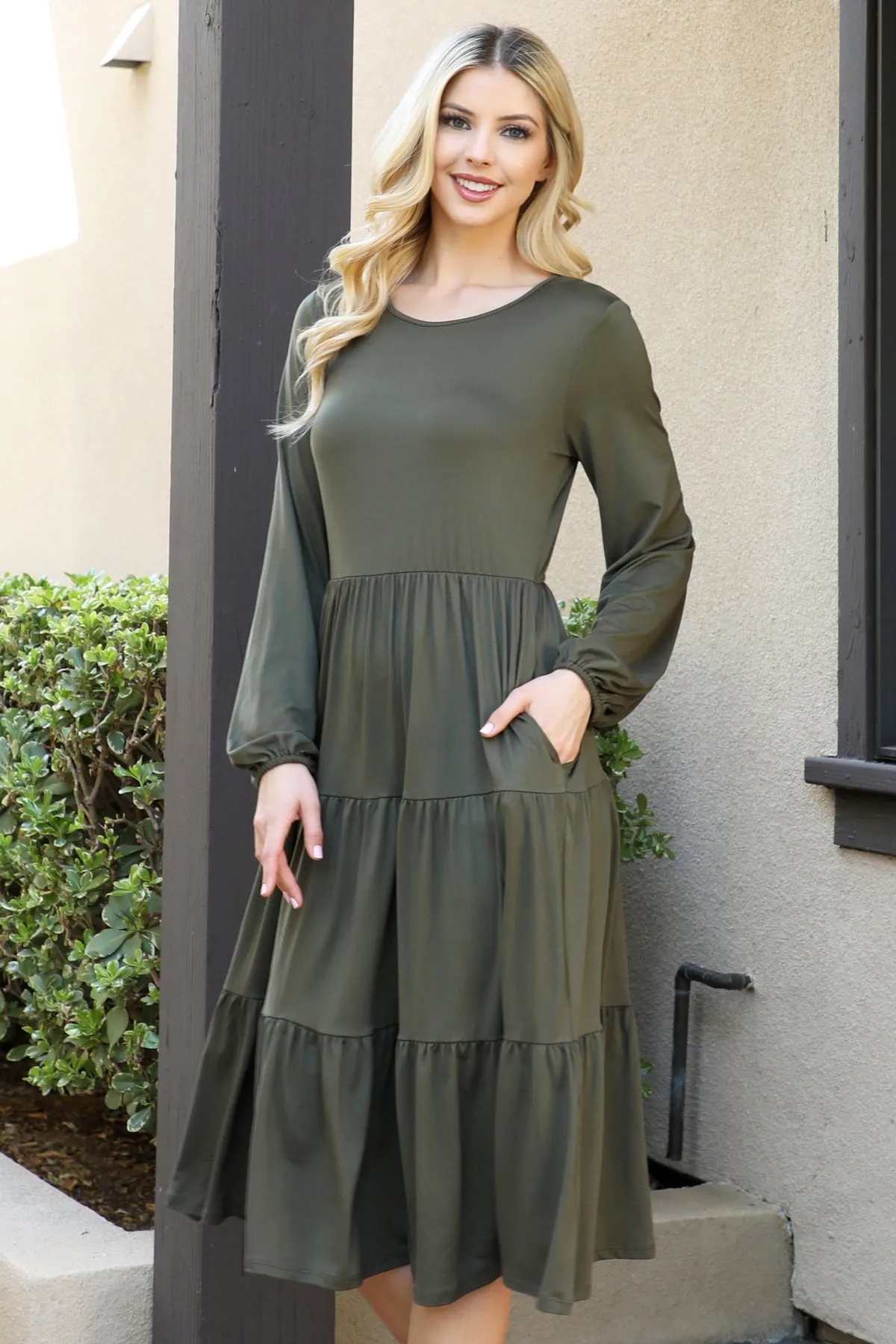 Solid Long Sleeve Elastic Waist Tiered Dress