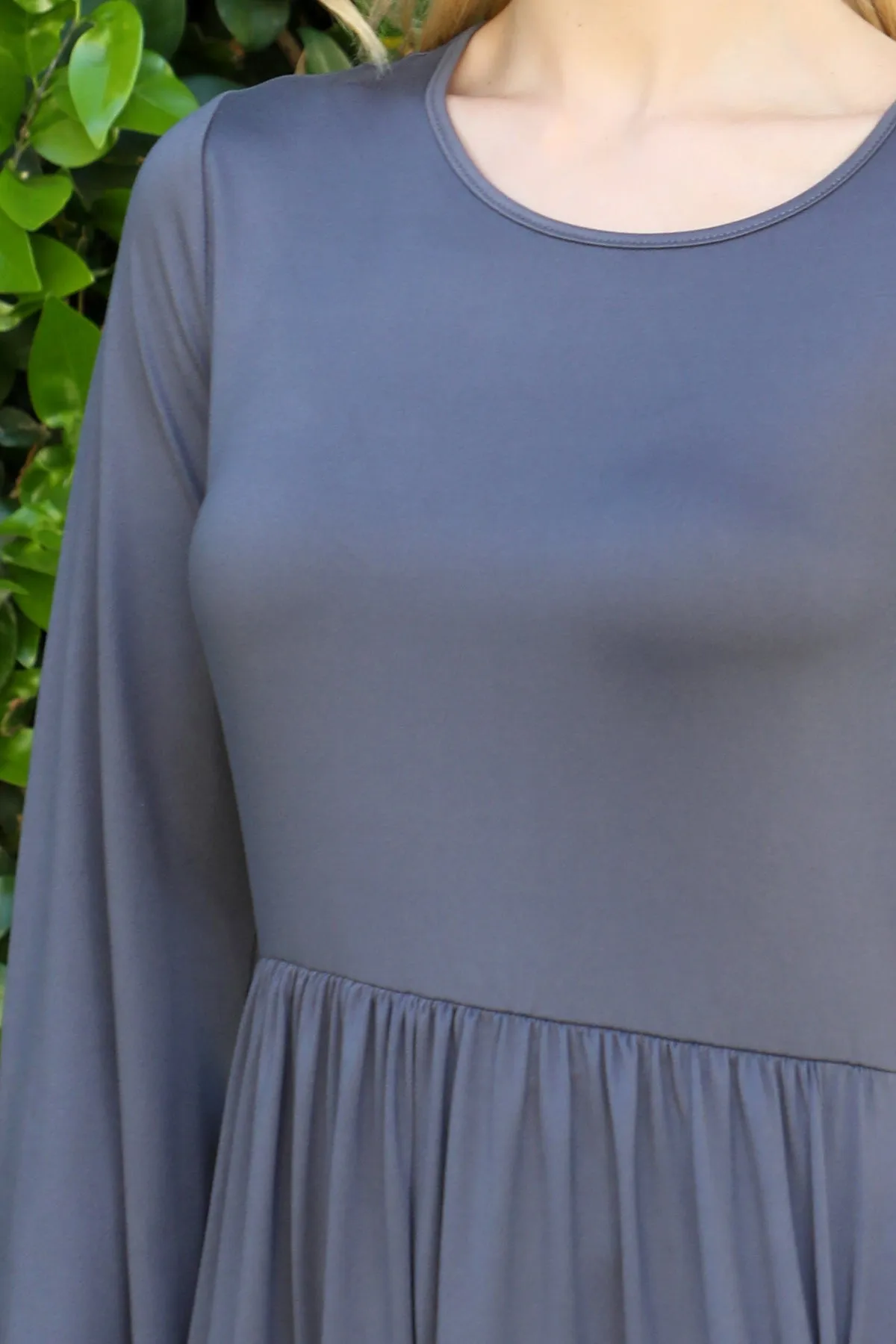 Solid Long Sleeve Elastic Waist Tiered Dress