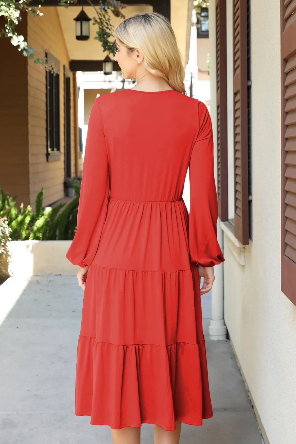 Solid Long Sleeve Elastic Waist Tiered Dress