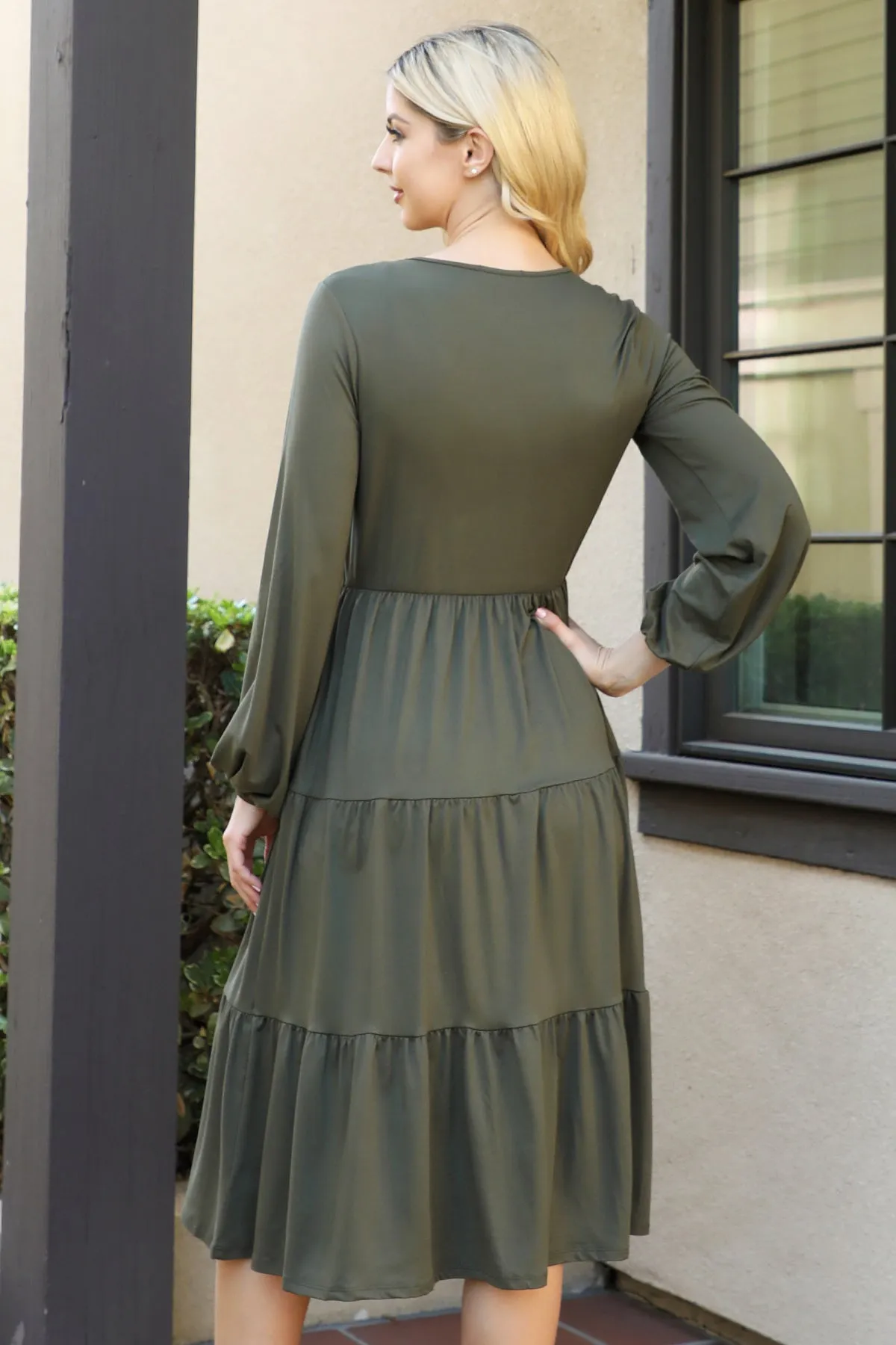 Solid Long Sleeve Elastic Waist Tiered Dress