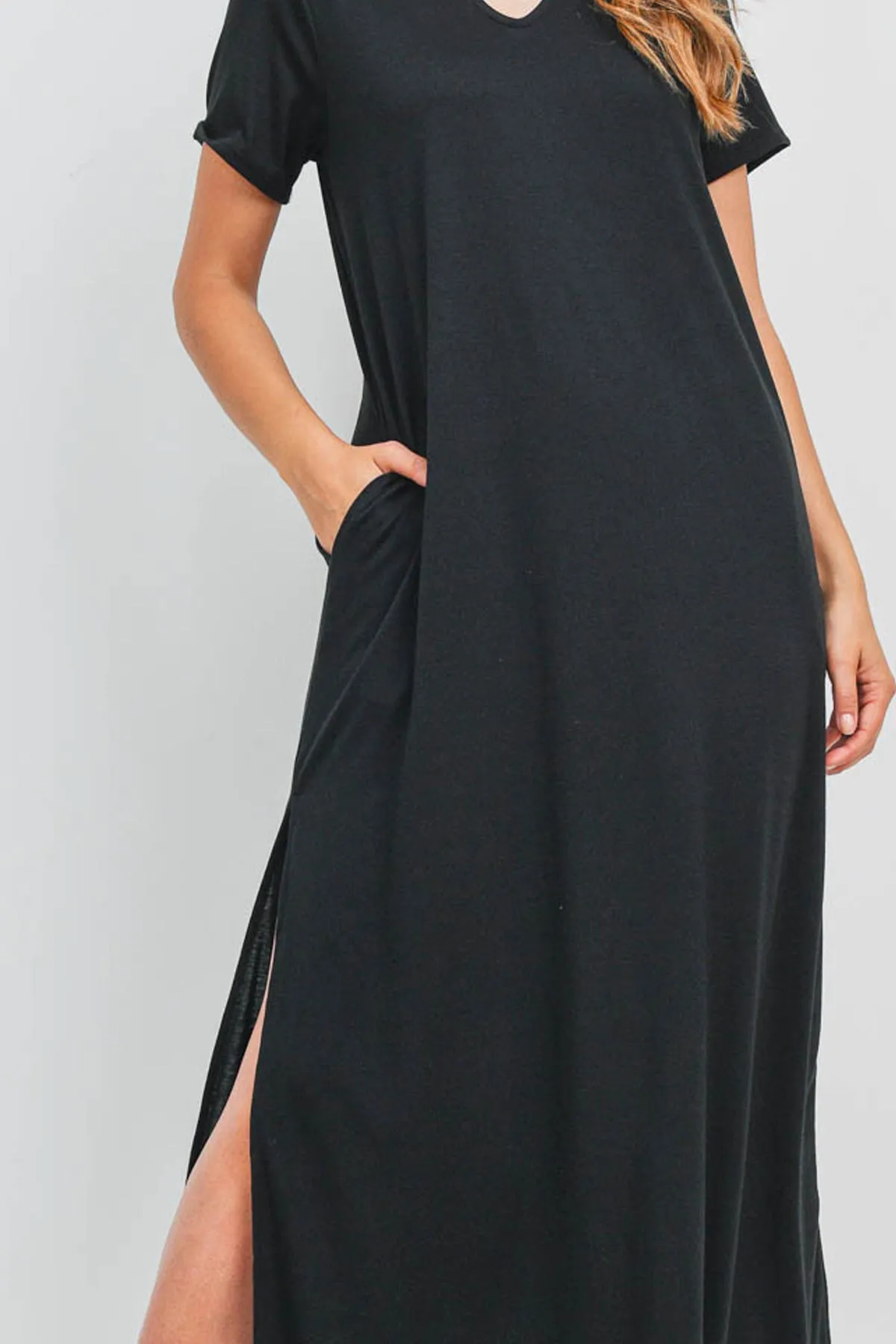 Solid Neck Detail Side Slit Pocket Dress