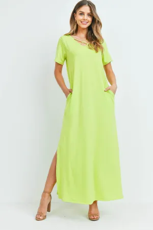 Solid Neck Detail Side Slit Pocket Dress