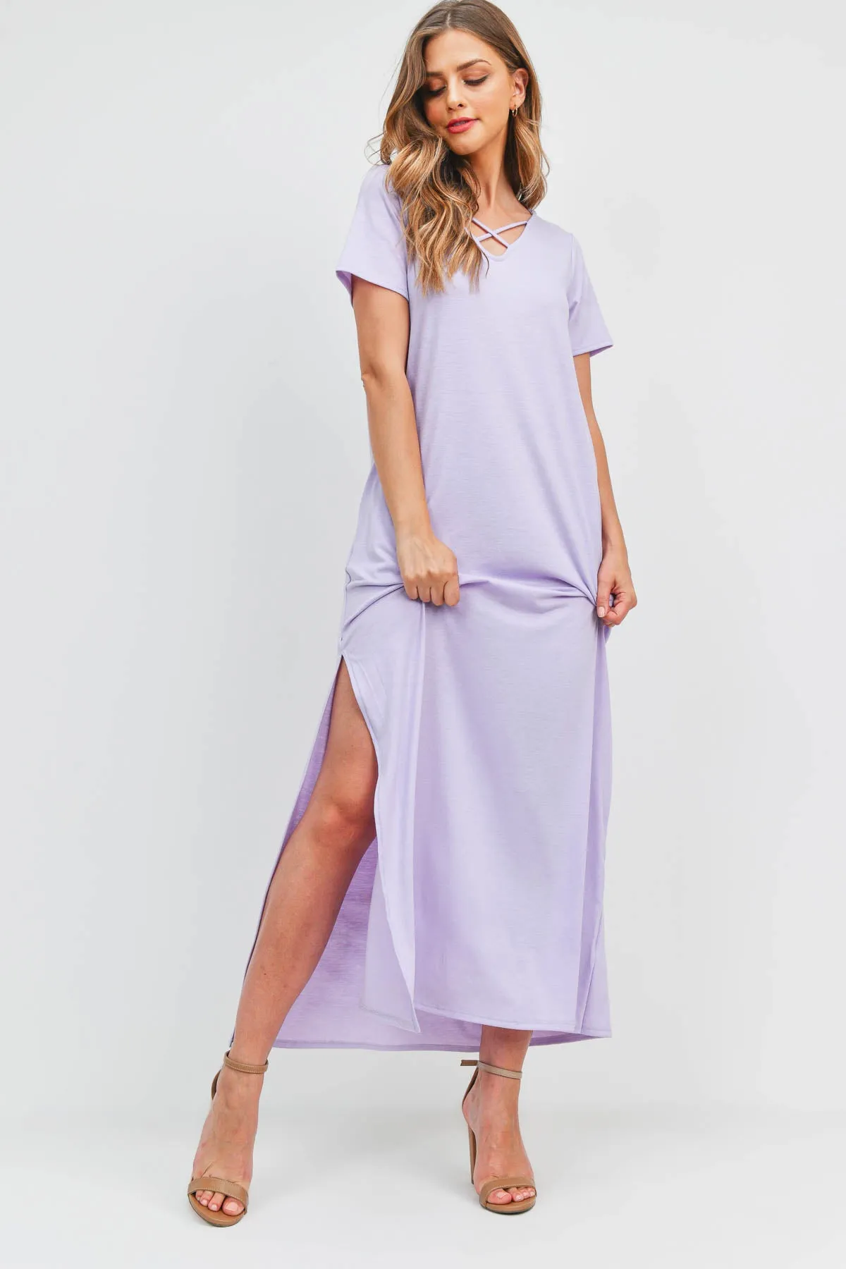 Solid Neck Detail Side Slit Pocket Dress