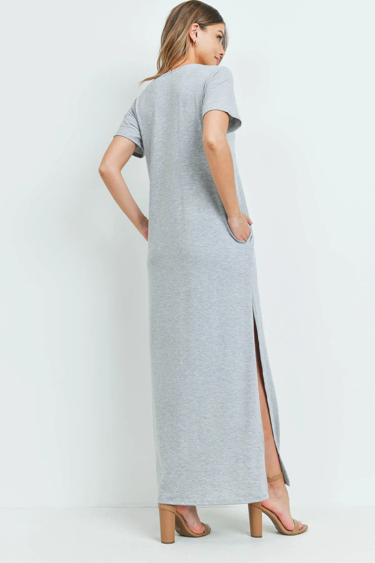 Solid Neck Detail Side Slit Pocket Dress