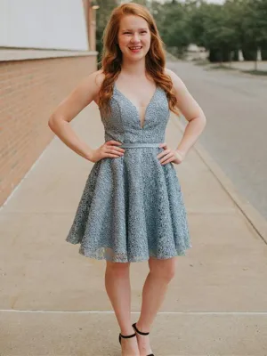 Spaghetti Straps Deep V-neck Full Lace Backless Short Homecoming Dress, HD0135