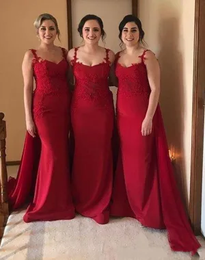 Spaghetti Straps Lace Burgundy Bridesmaid Dresses with Train