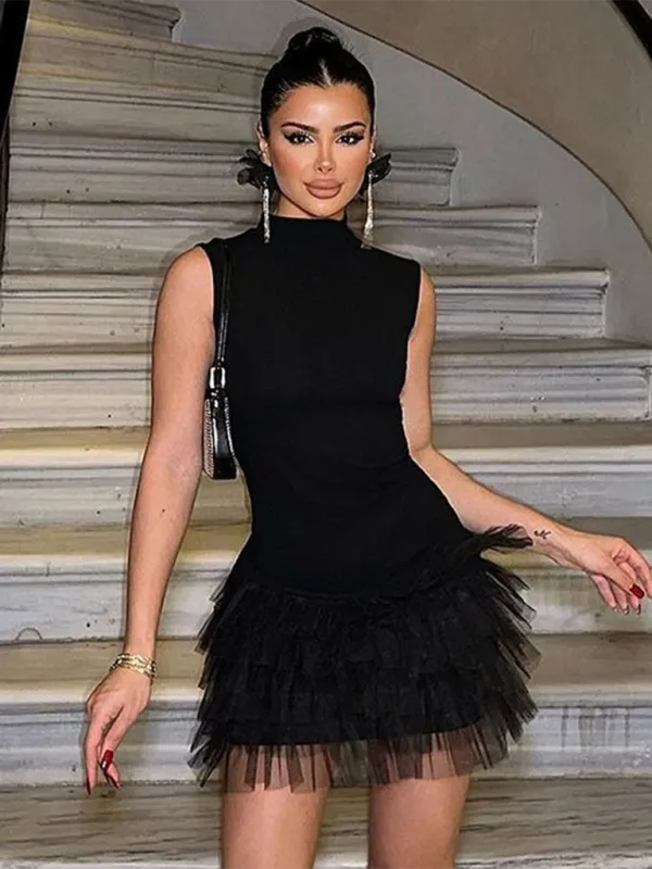 Stand Collar Sleeveless Mini Dress with Tulle Skirt