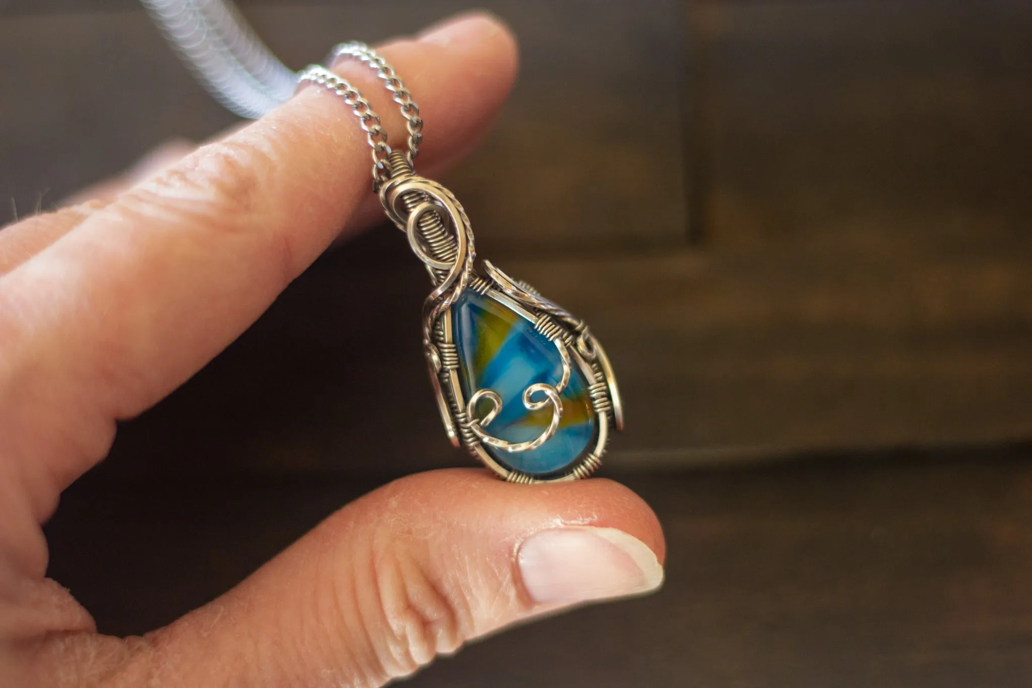 Sterling Silver Teardrop Pendant with Blue and Orange Fused Glass