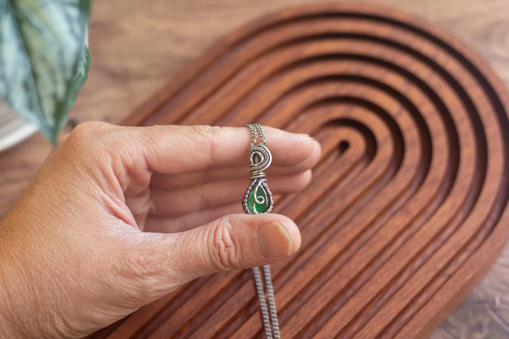 Sterling Silver Teardrop Pendant with Green Fused Glass