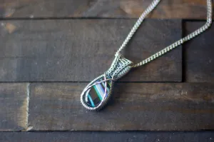 Sterling Silver Teardrop Pendant with Streaked Blue and Green Fused Glass