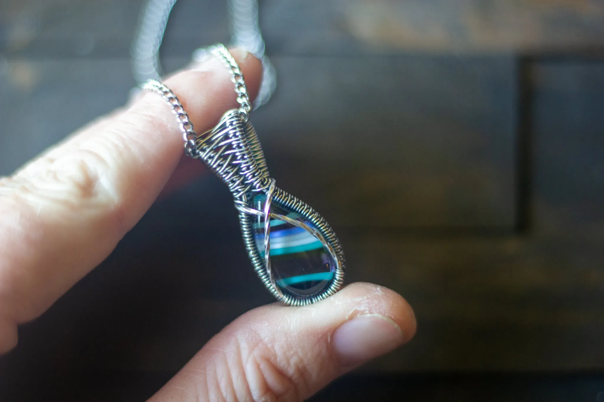 Sterling Silver Teardrop Pendant with Streaked Blue and Green Fused Glass